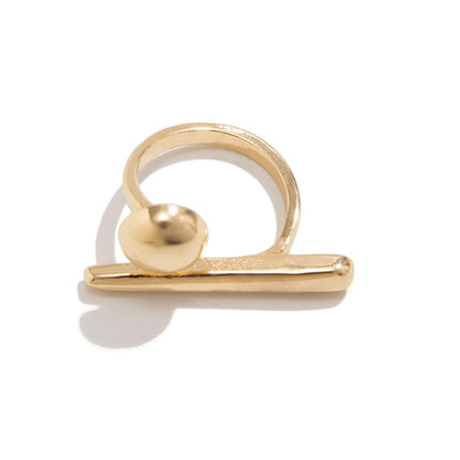 Gold-tone adjustable ring featuring a horizontal bar base with a spherical ball accent and open spiral band design.