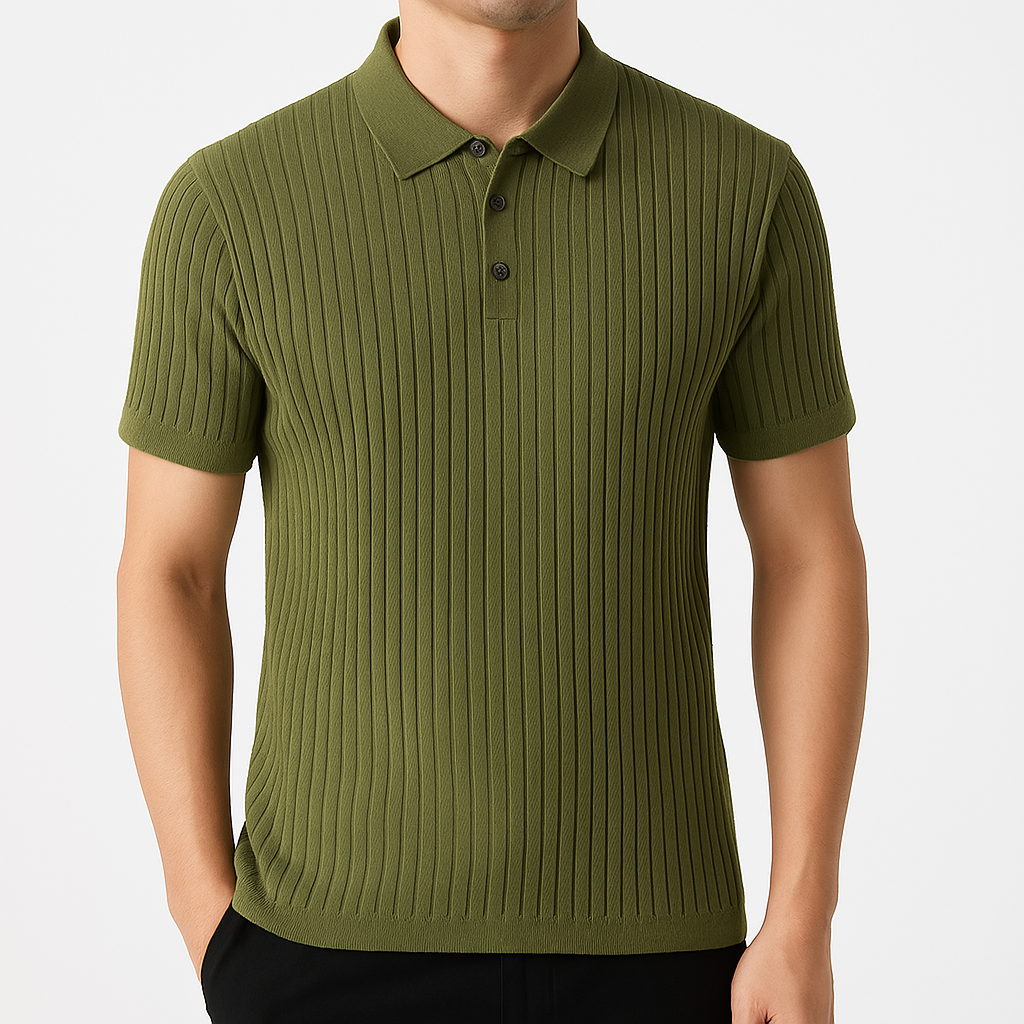 Olive green ribbed knit cotton polo shirt for men with collar and button placket on white background