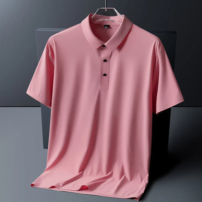 Pink short sleeve polo shirt for men hanging on hanger with collar and button placket