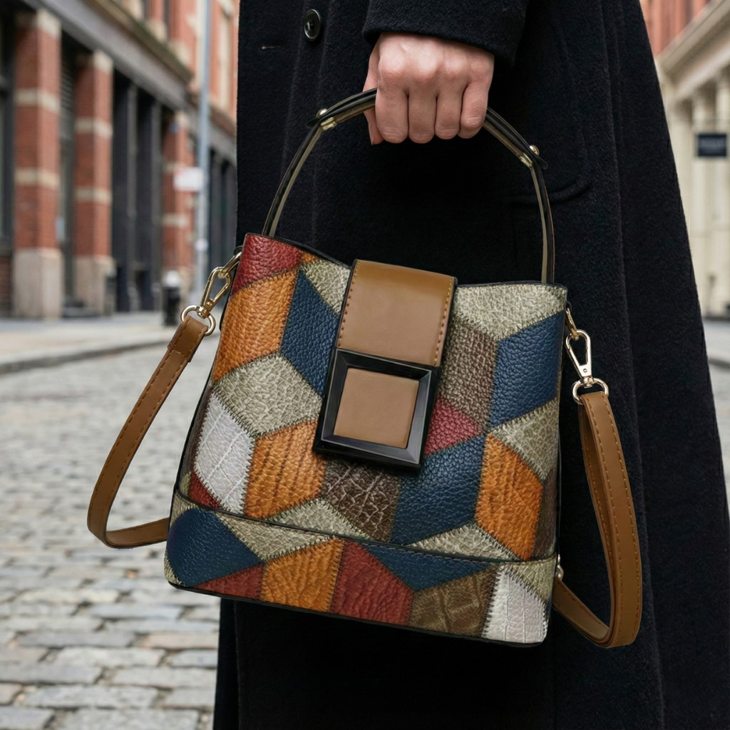 Womens leather bucket handbag with colorful patchwork design, gold hardware, top handle, and detachable shoulder strap.