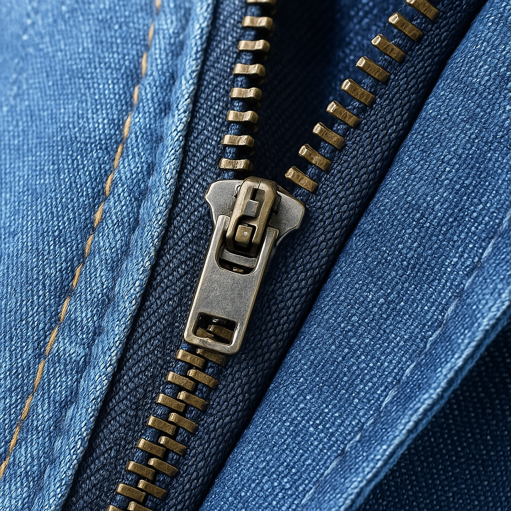 Close-up of antique brass zipper on medium blue stretch denim shorts showing detailed stitching and fabric texture