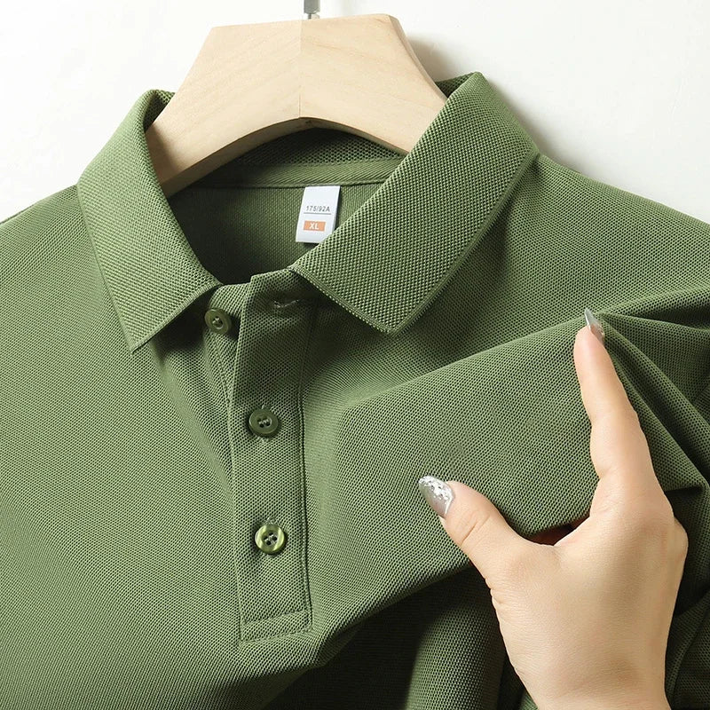Army green men's cotton pique polo shirt on hanger, size XL, featuring button placket and classic collar