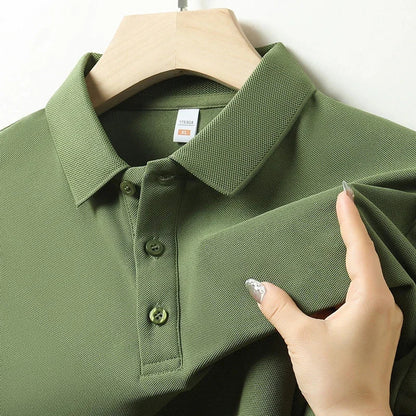 Army green men's cotton pique polo shirt on hanger, size XL, featuring button placket and classic collar