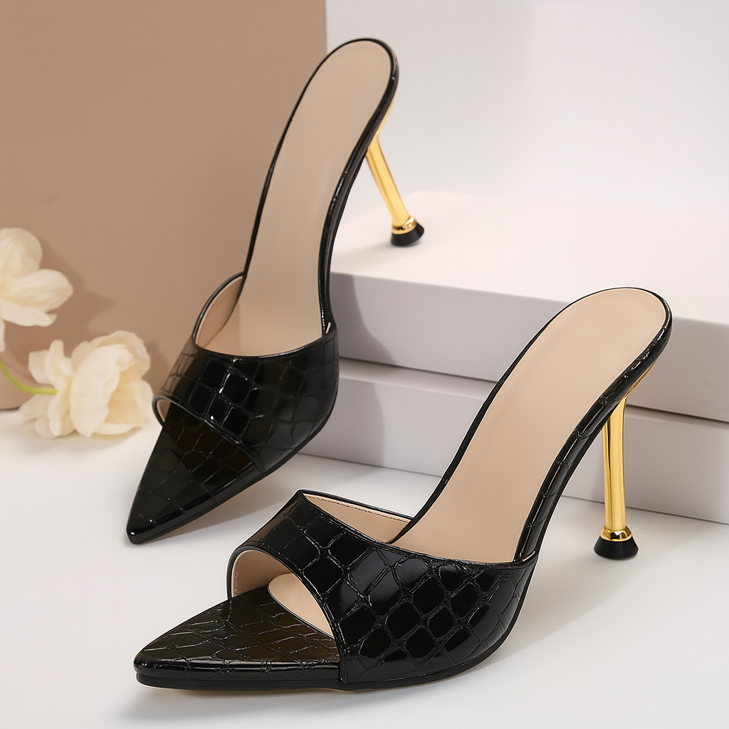 Black croc-embossed open-toe stiletto mules with gold heels for women, elegant high heel slip-on shoes