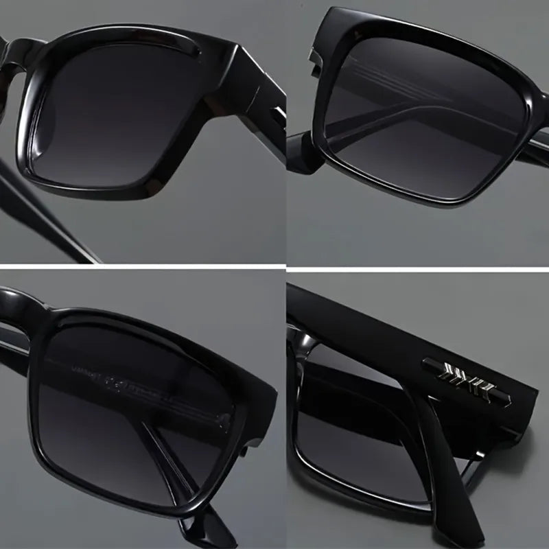 Close-up details of black rectangular frame sunglasses with gradient dark lenses and silver temple accents for men