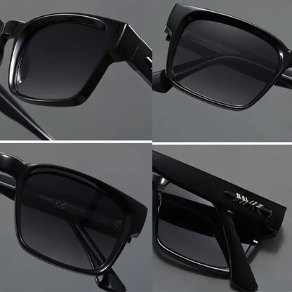Close-up details of black rectangular frame sunglasses with gradient dark lenses and silver temple accents for men