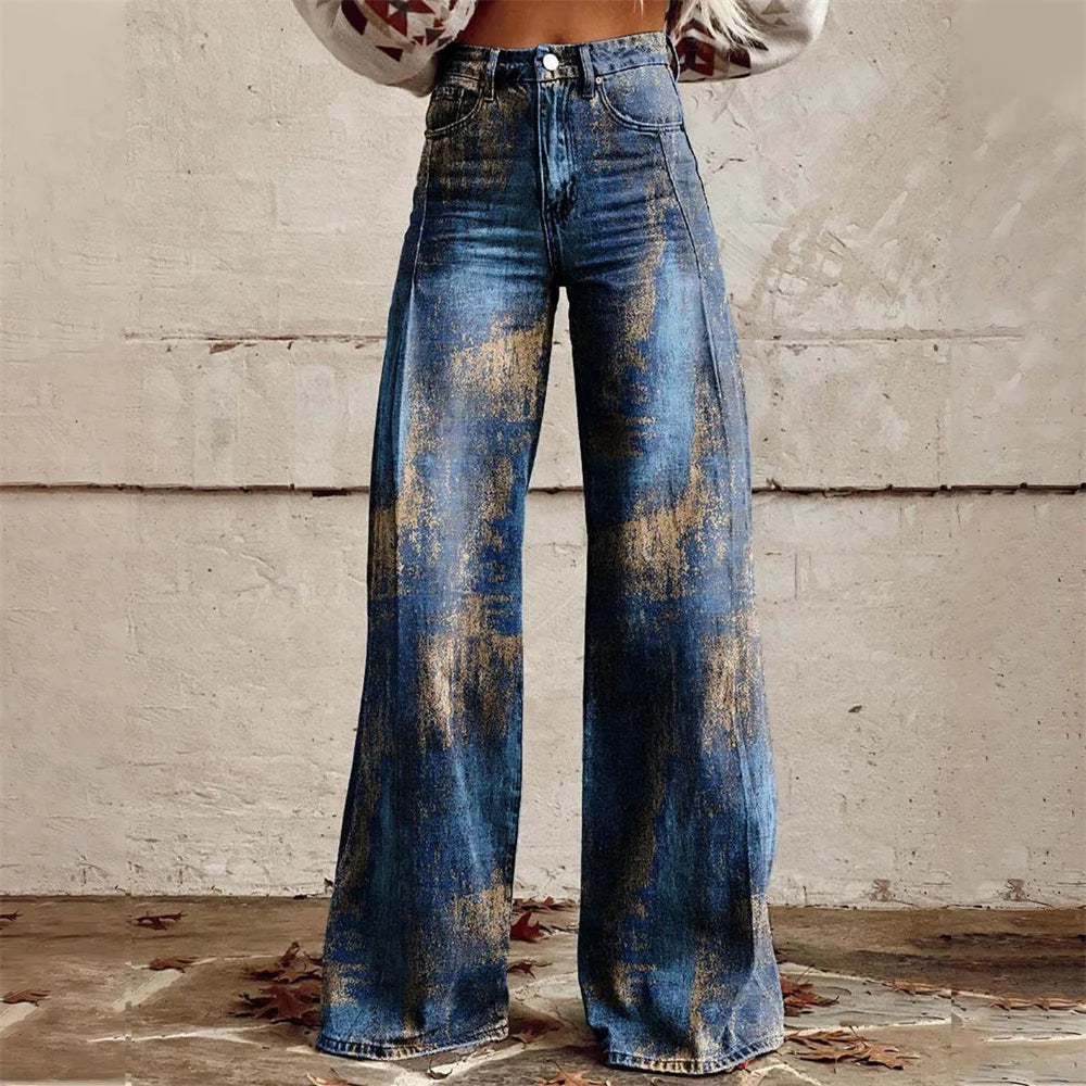 High-waist wide-leg denim jeans with gold floral print pattern for women