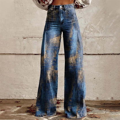 High-waist wide-leg denim jeans with gold floral print pattern for women