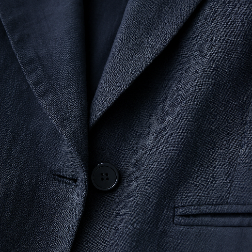 Navy blue women's linen blazer jacket featuring notch lapels, single button closure, and welt pockets.