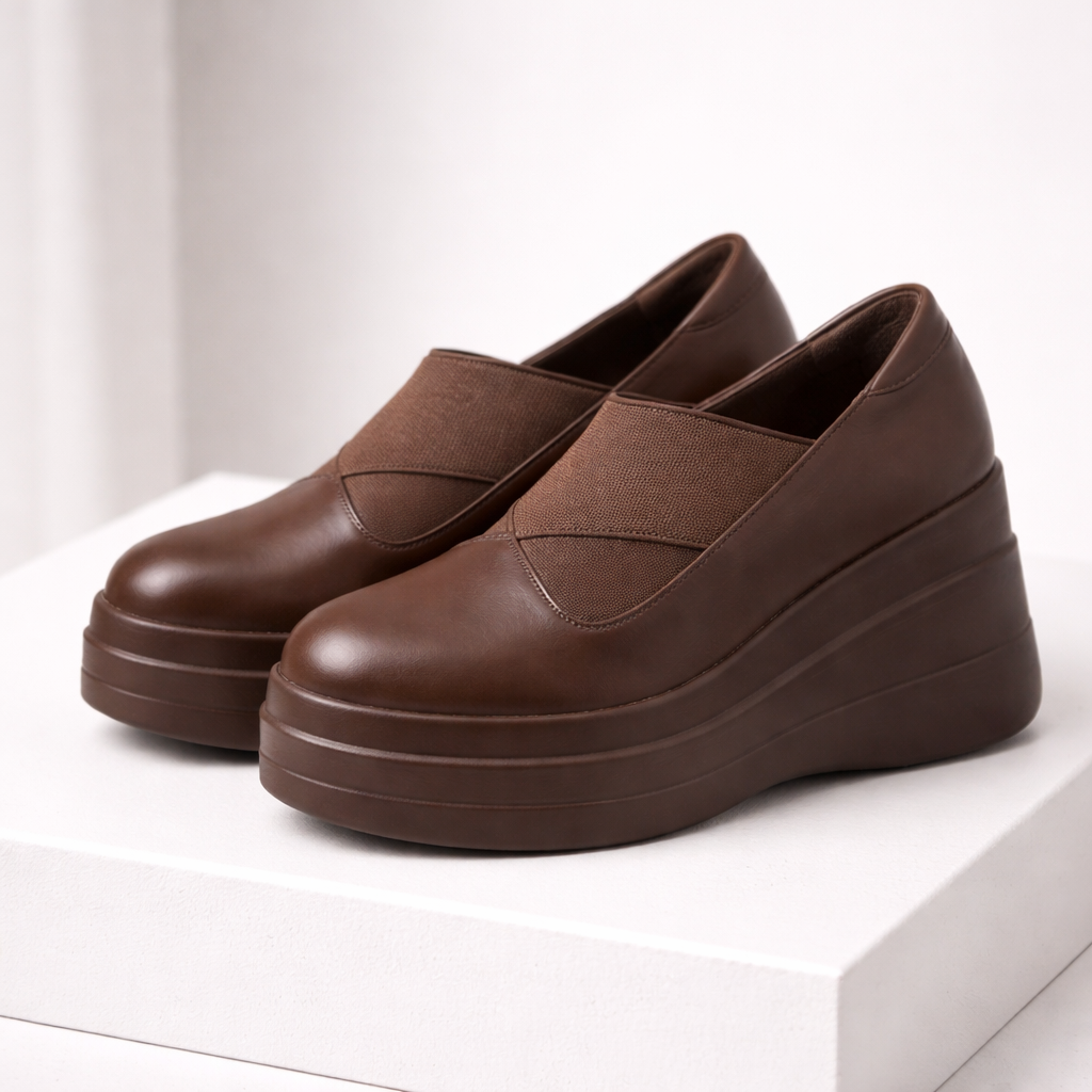 Women's brown leather orthopedic platform slip-on shoes with elastic band and chunky wedge sole for comfort