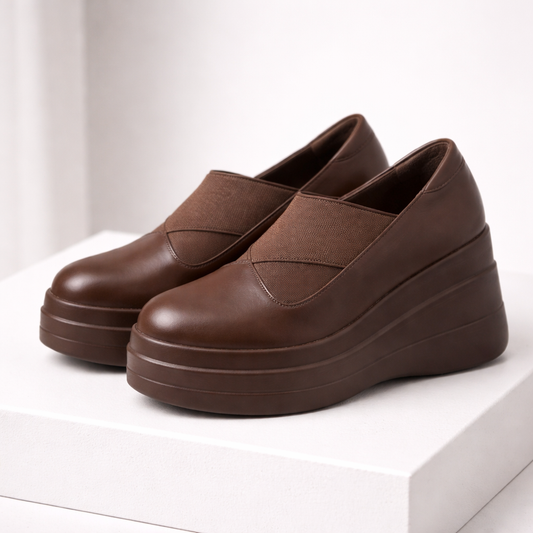Women's brown leather orthopedic platform slip-on shoes with elastic band and chunky wedge sole for comfort