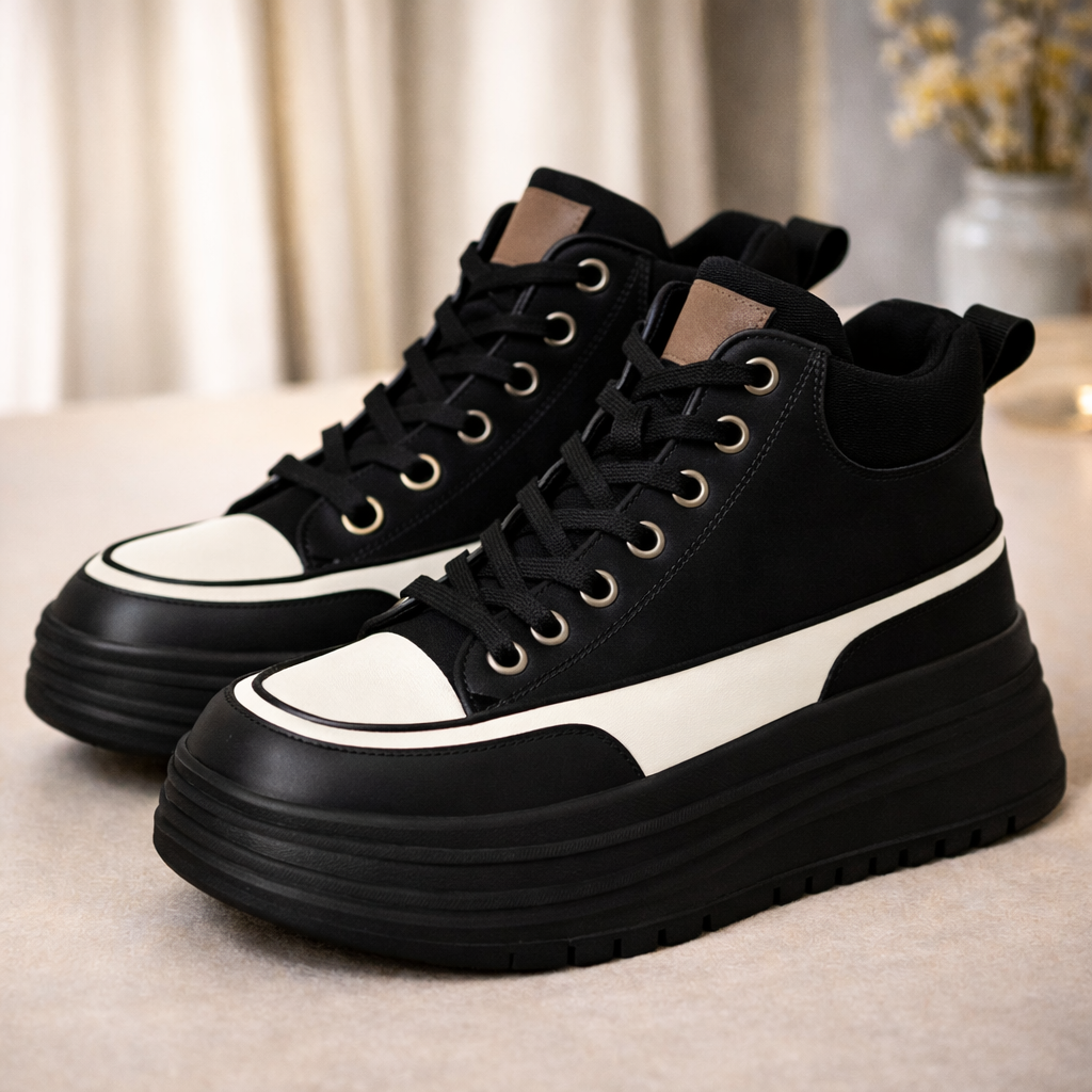 Black and white women's high-top platform sneakers with chunky sole, lace-up closure, and metallic eyelets.