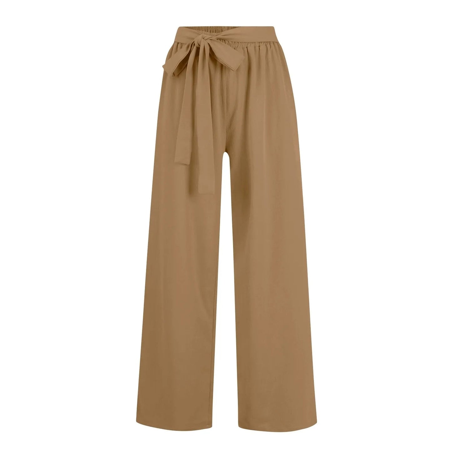 Camel brown wide-leg women's trousers with elastic waistband and front tie-bow detail, full length