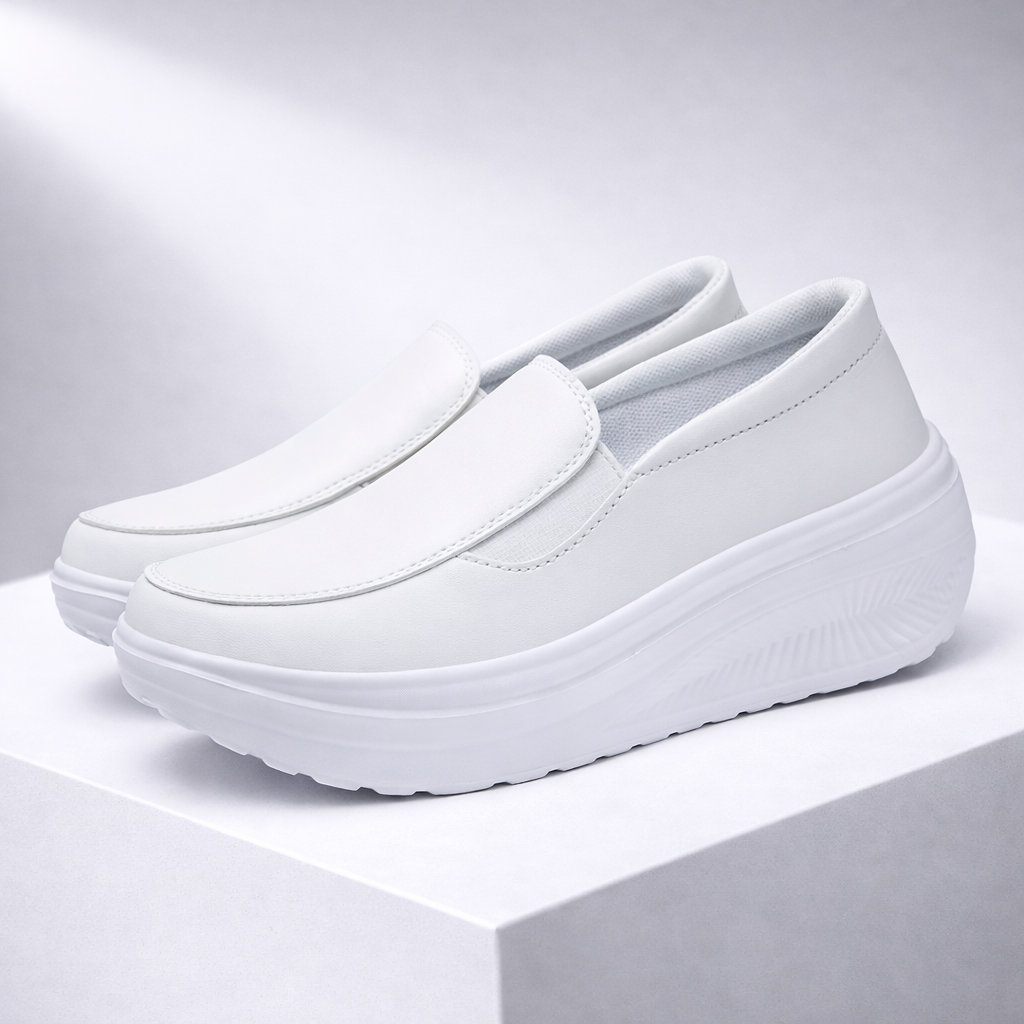 White women's slip-on platform sneakers with thick cushioned sole, smooth leather upper, and minimal stitching detail.