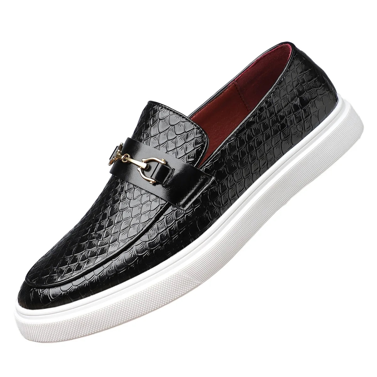 Black embossed leather slip-on loafers with gold horsebit buckle and white platform sole for men