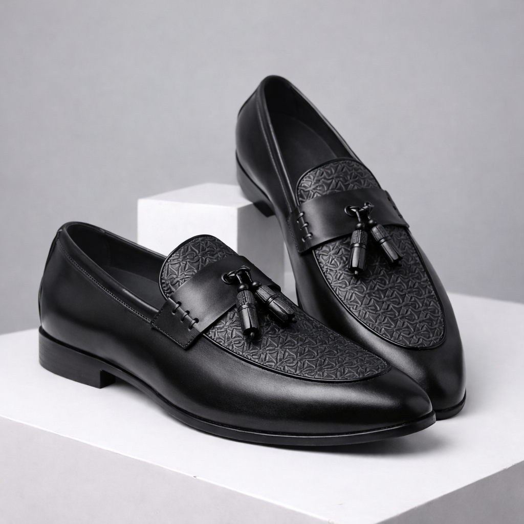 Black leather tassel loafer dress shoes for men with embossed pattern vamp detail, slip-on style, displayed on white platform.