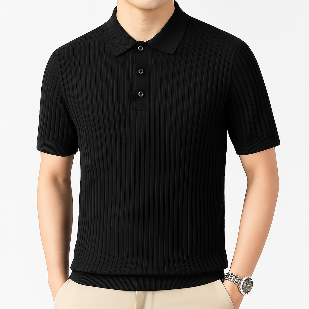 Black ribbed knit cotton men's polo shirt with short sleeves, spread collar, and three-button placket.