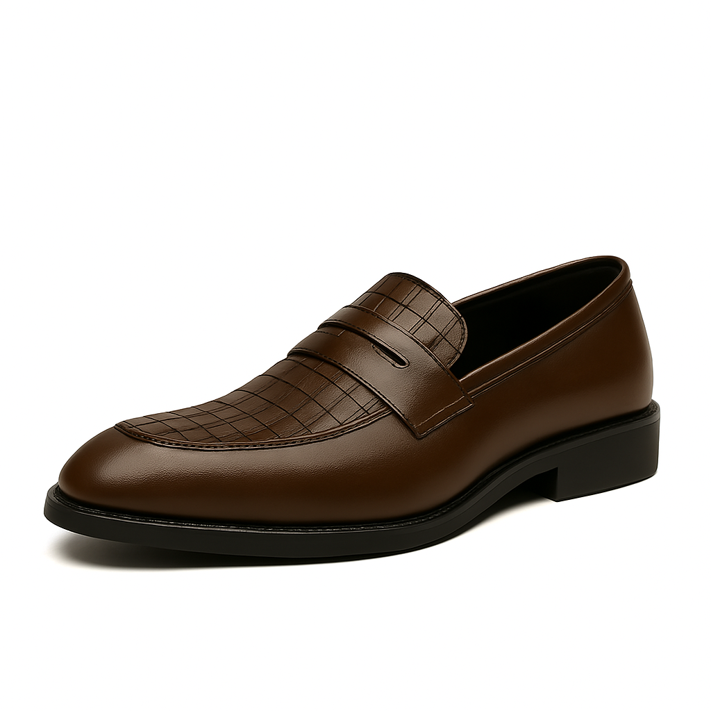 Brown men's penny loafers with croc-embossed toe detail and strap, smooth leather upper, dark rubber sole.