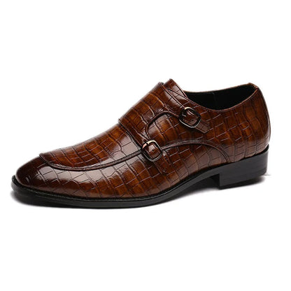 Brown crocodile-embossed leather men's double monk strap dress shoes with gold buckles and block heel