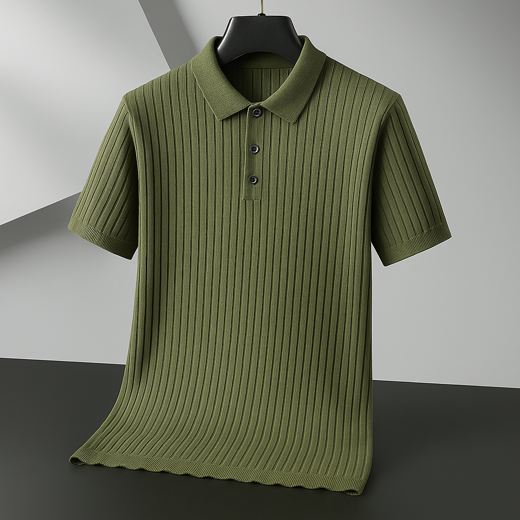 Army green ribbed knit short-sleeve polo shirt with button placket and spread collar on black hanger