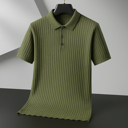 Army green ribbed knit short-sleeve polo shirt with button placket and spread collar on black hanger