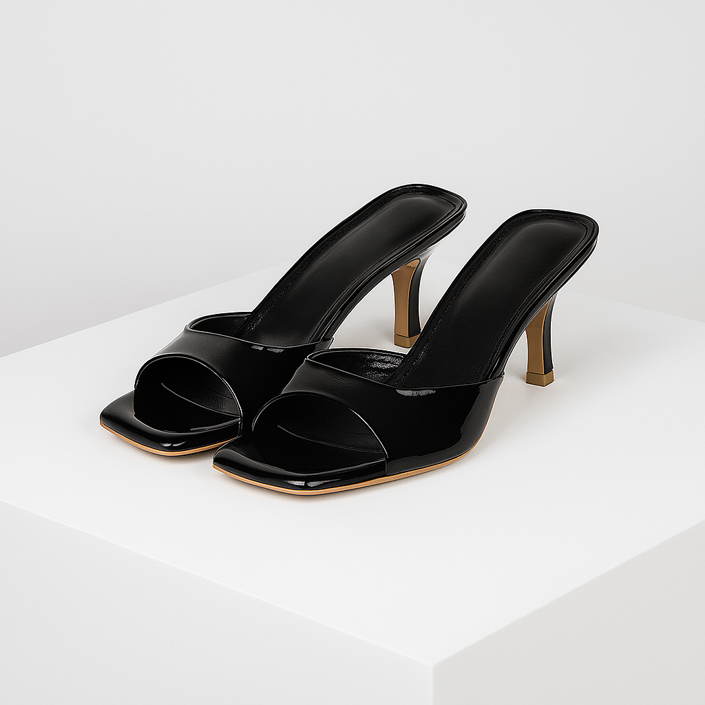Black square-toe mule heels with high stiletto heels for women, slip-on sandals with open toe design