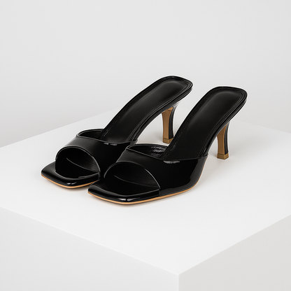 Black square-toe mule heels with high stiletto heels for women, slip-on sandals with open toe design