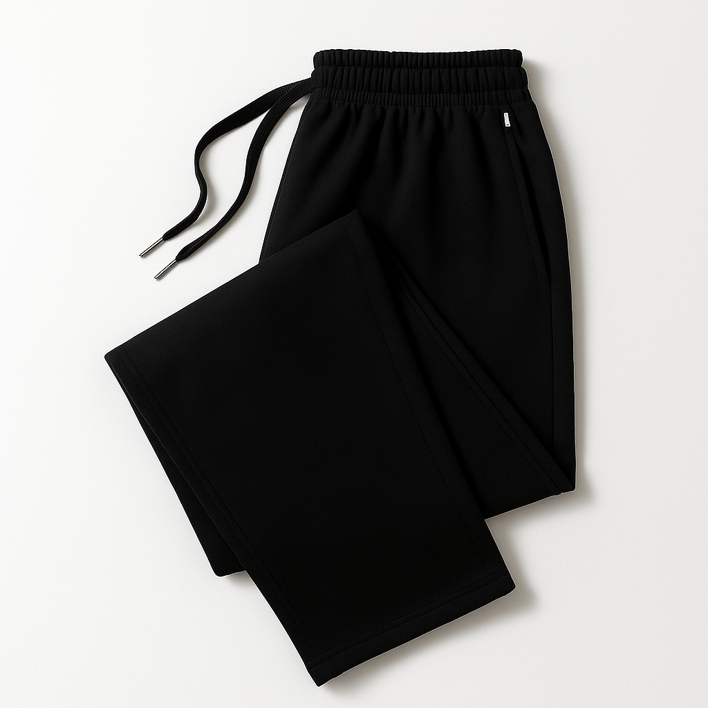Black cotton drawstring joggers for men with elastic waistband and relaxed fit sweatpants laid flat