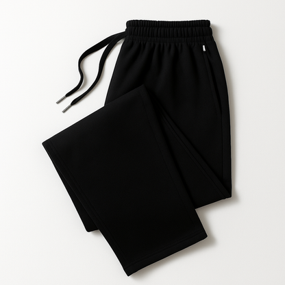 Black cotton drawstring joggers for men with elastic waistband and relaxed fit sweatpants laid flat