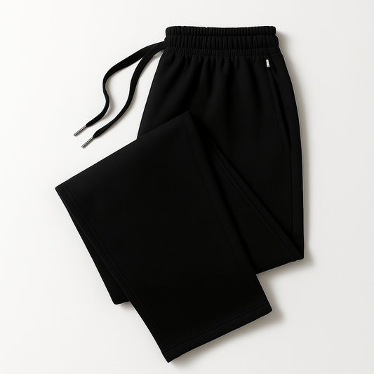 Black cotton drawstring joggers for men with elastic waistband and relaxed fit sweatpants laid flat
