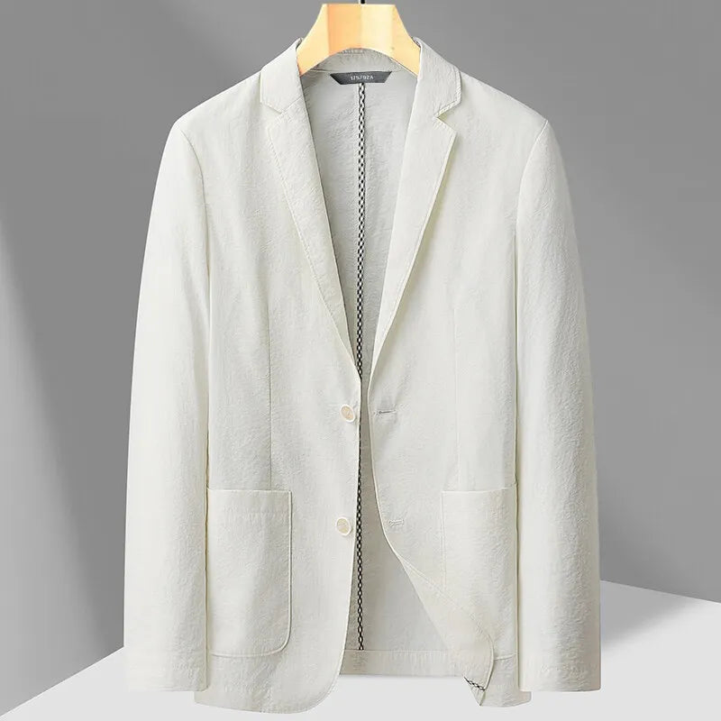 White textured two-button blazer for men with notch lapels and front pockets on wooden hanger