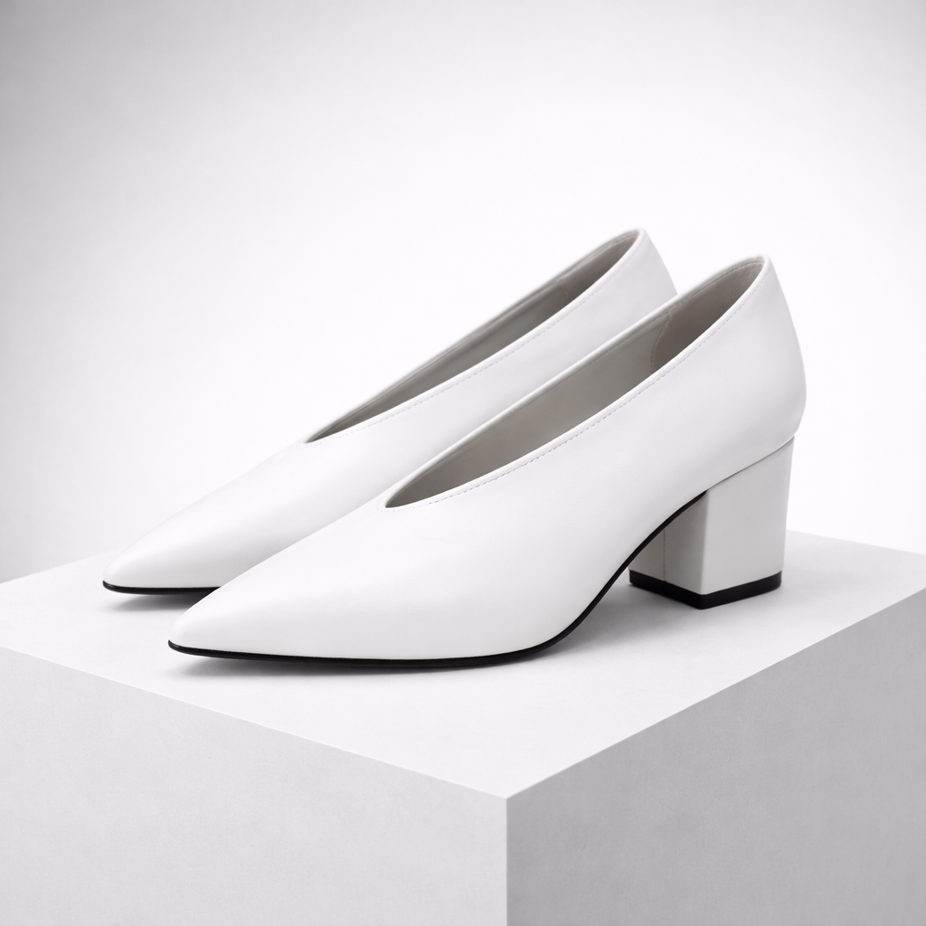 White women's Italian leather block heel pumps with pointed toe and V-cut opening on white display block