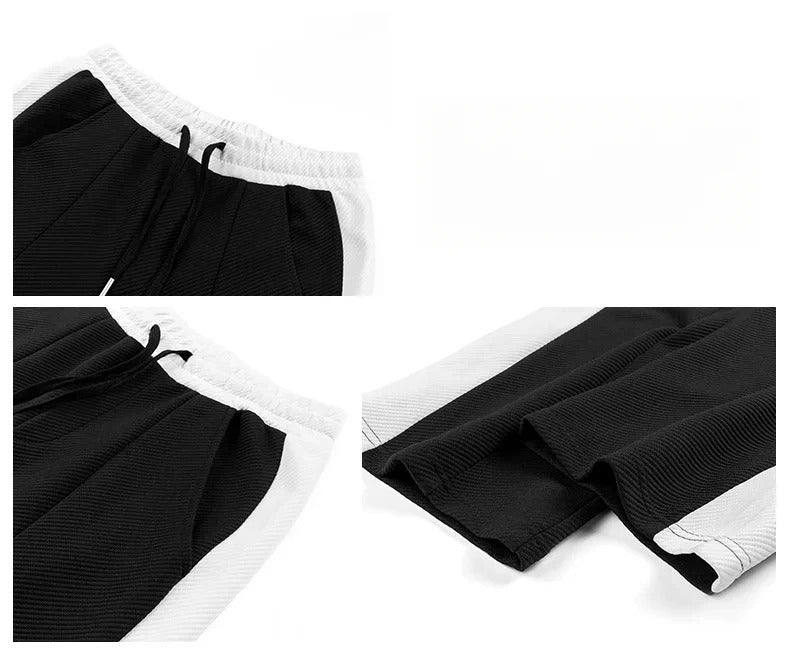 Black and white men's jogger pants detail shots showing elastic drawstring waistband and side stripe hem design