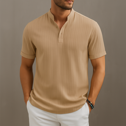 Men's beige linen band collar short sleeve popover shirt with ribbed texture and white pants