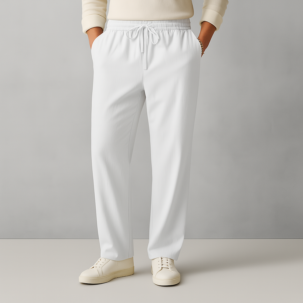 Men's white linen drawstring casual pants with elastic waist and pockets, relaxed fit trousers for everyday wear
