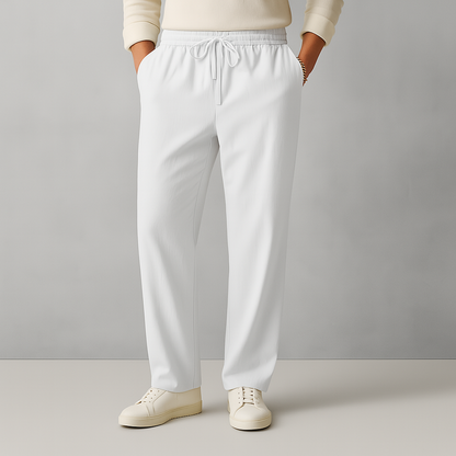 Men's white linen drawstring casual pants with elastic waist and pockets, relaxed fit trousers for everyday wear