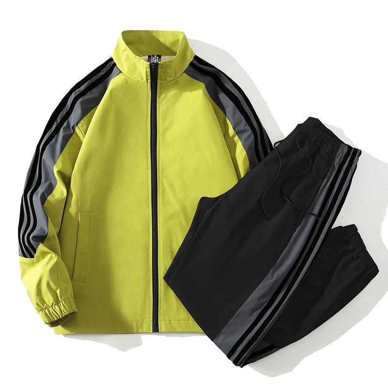 Yellow and black men's full-zip tracksuit set with gray stripe detail on sleeves and matching jogger pants