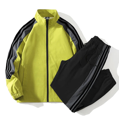 Yellow and black men's full-zip tracksuit set with gray stripe detail on sleeves and matching jogger pants
