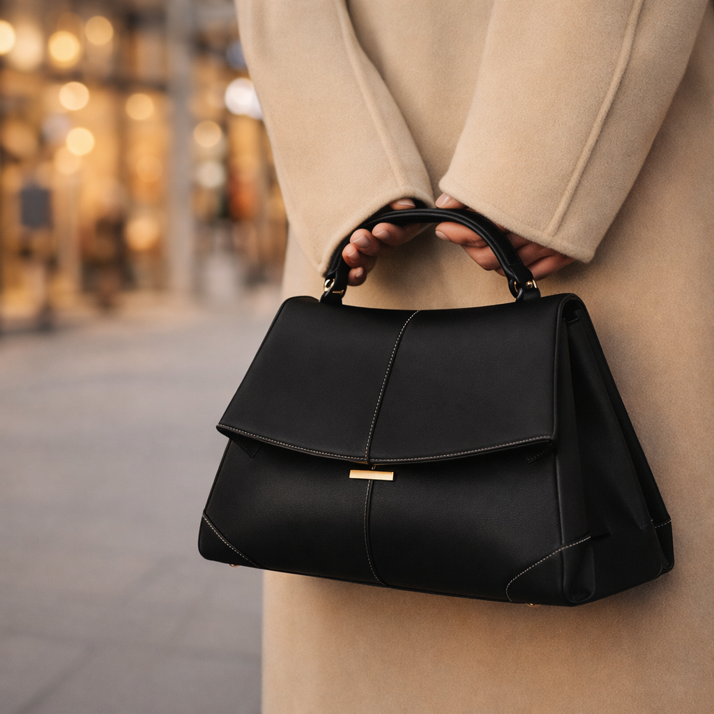 Black structured leather top handle handbag with gold clasp, held by woman in camel coat on city street.