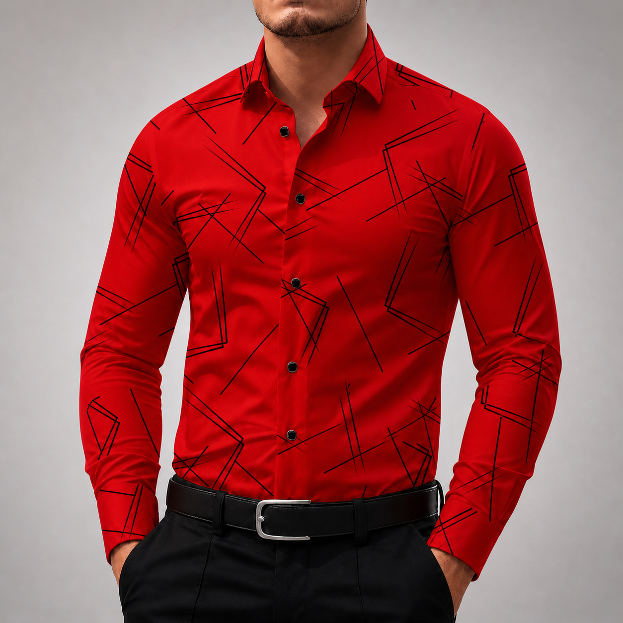 Men's slim-fit red button-up shirt with black geometric line print, long sleeves, paired with black trousers and belt.