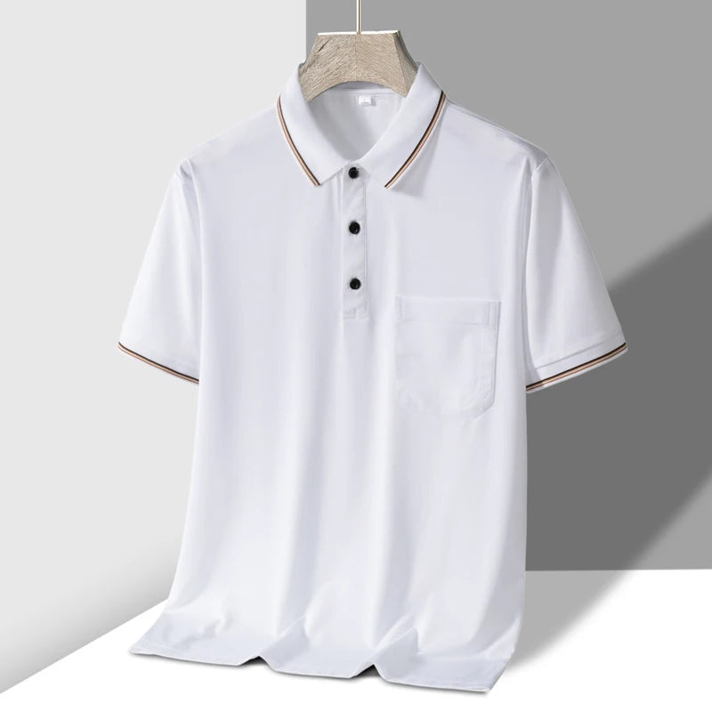 White men's short sleeve knit polo shirt with chest pocket, striped collar and cuffs, three-button placket