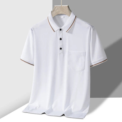 White men's short sleeve knit polo shirt with chest pocket, striped collar and cuffs, three-button placket