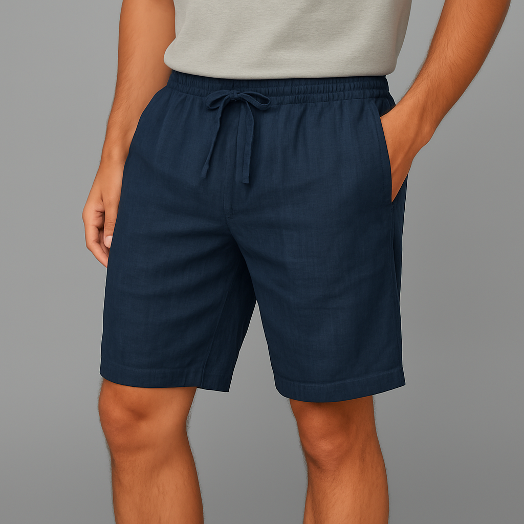Men's navy blue linen drawstring shorts with elastic waistband and side pockets on gray background