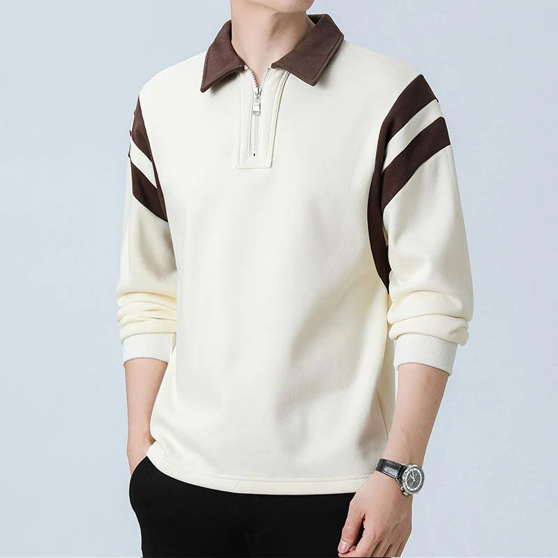 Men's cream and brown quarter-zip sweater with striped sleeves and collar detail