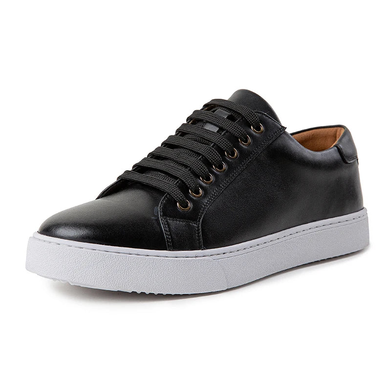 Black leather lace-up men's sneakers with white rubber sole, bronze eyelets, and tan interior lining