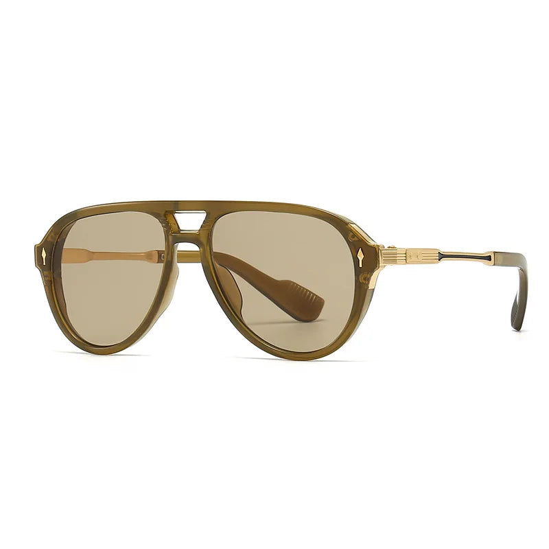 Olive green aviator sunglasses with gold metal accents, double bridge, and light brown gradient lenses for men.