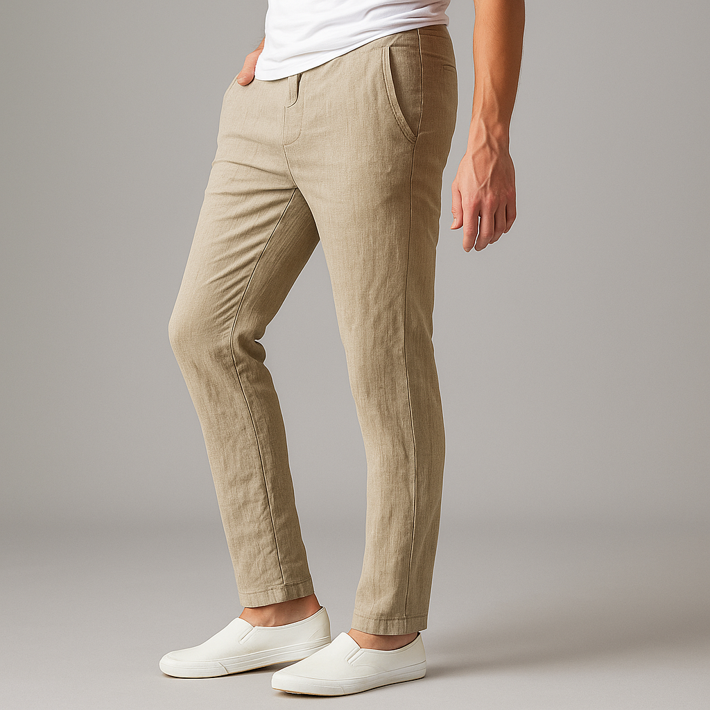 Man wearing khaki slim-fit Verdan Drawstring Linen Pants with white t-shirt and white slip-on sneakers, side view