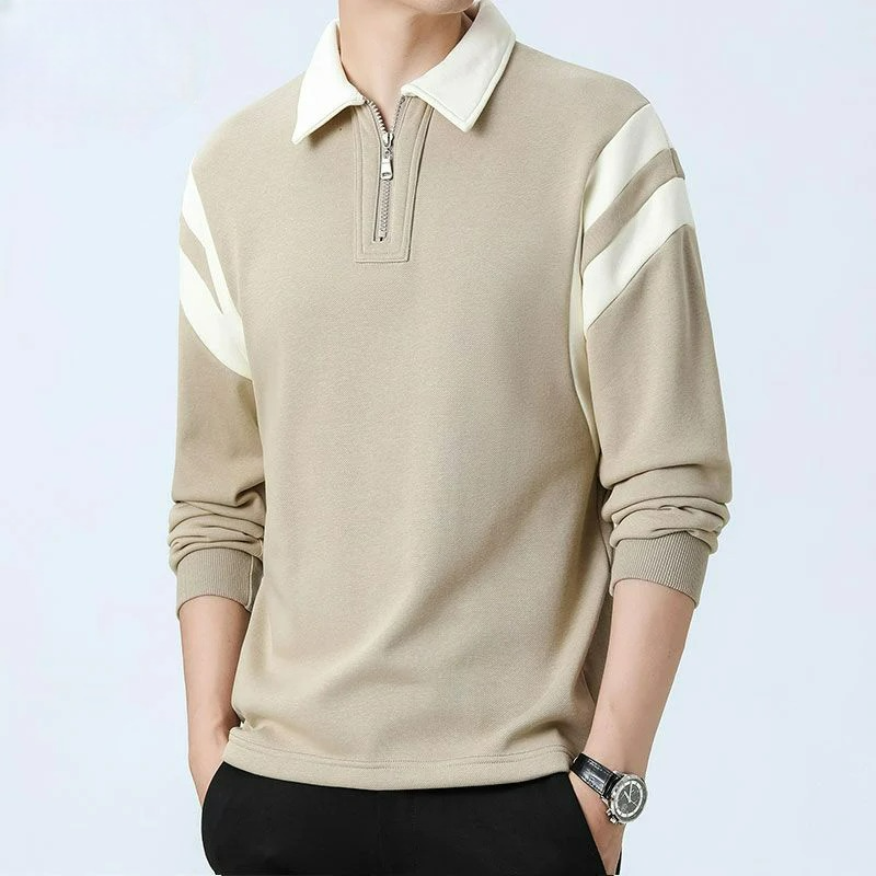 Men's khaki quarter-zip polo sweater with cream stripe accents on shoulders and long sleeves, casual fit