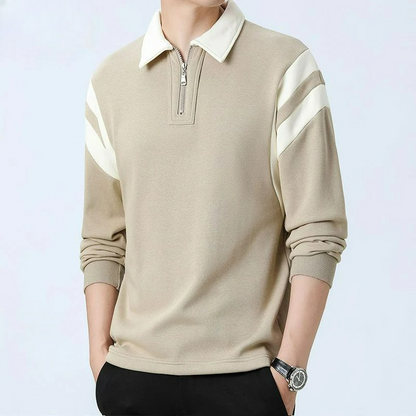 Men's khaki quarter-zip polo sweater with cream stripe accents on shoulders and long sleeves, casual fit