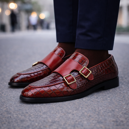 Men's burgundy croc-embossed leather double monk strap loafers with gold buckles, paired with navy trousers.